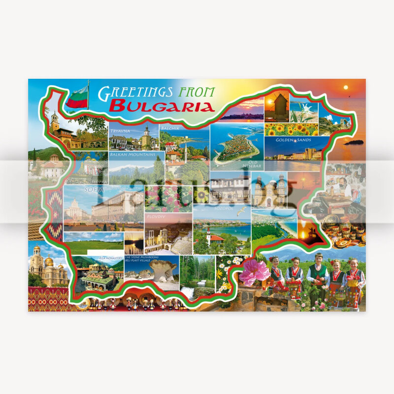 Пощенска картичка "Greetings from Bulgaria" - Колаж от забележителности | 1-BG-0148