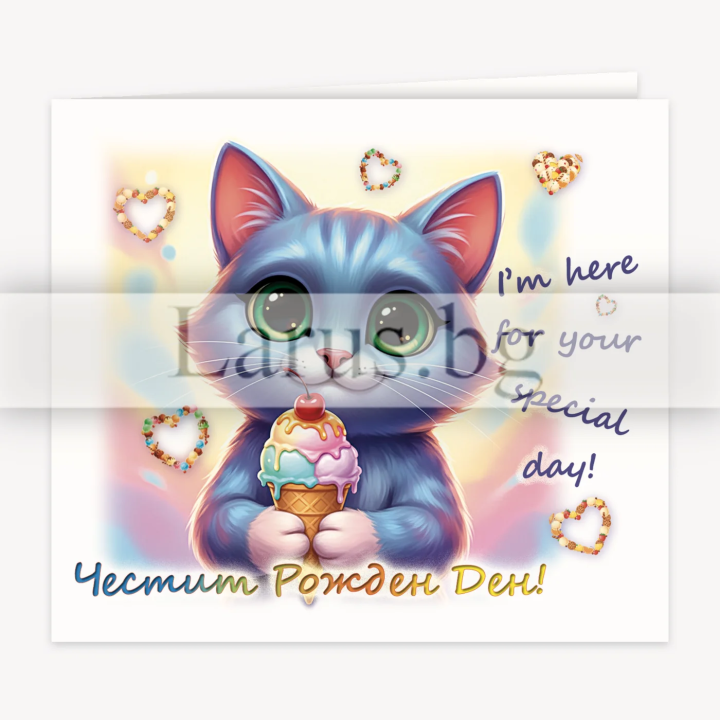 Cat and Ice Cream Birthday Greeting Card | PD-1012