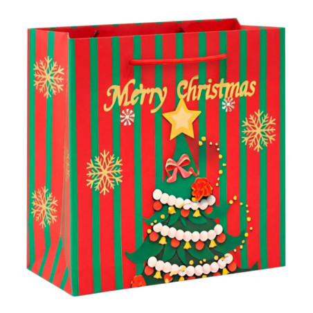 Коледна подаръчна торбичка с елха и надпис Merry Christmas, размер XS | 13-PT-0855
