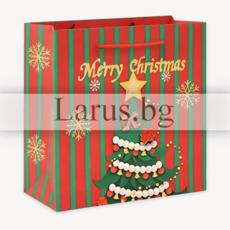 Коледна подаръчна торбичка с елха и надпис Merry Christmas, размер XS | 13-PT-0855